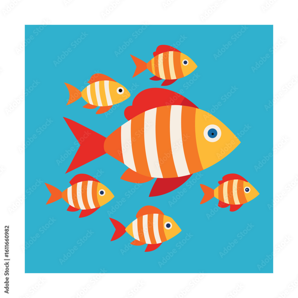 Naklejka premium Tropical Fish School in Flat and Line Drawing Style