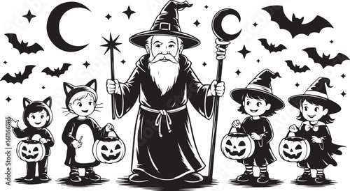 Monochrome Wizard and Costumed Children Vector Illustration with Bats