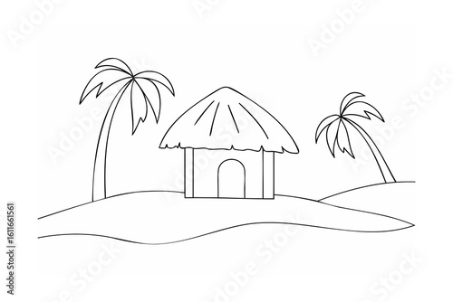 Tropical hut with palm trees on sandy dunes beach island