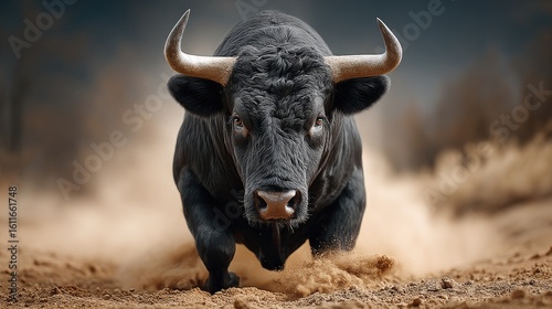 Black bull charging in arena