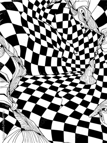 Minimilist a distorted checkerboard pattern with organic formations in black and white ink illustration style vector