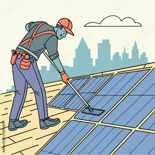 Worker Cleaning Solar Panels on Rooftop – Vector Illustration for Renewable Energy Concept