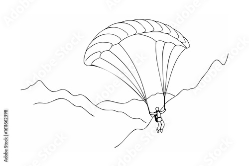 Parachutist descending over rolling hills parachute
