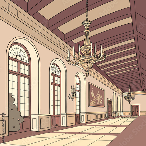 Elegant Vintage Hallway Interior with Chandeliers and Arched Windows Illustration
