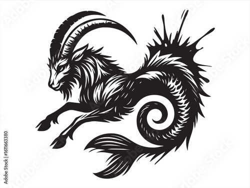 Capricorn Zodiac Symbol – Mythical Sea Goat Line Art in Black & White