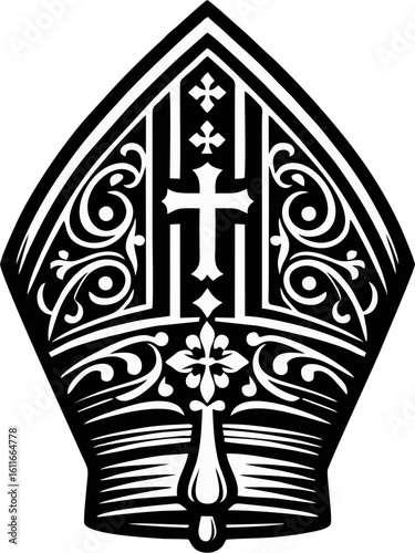 Black and White Ornamental Bishop Mitre Vector with Central Cross Design