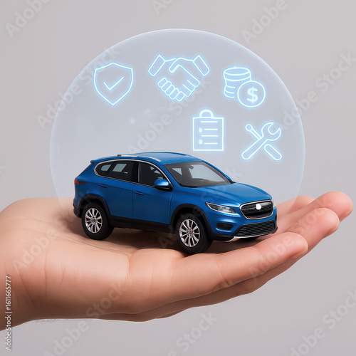 Blue S U V toy car held in hand with insurance icons and a transparent bubble on a gray background