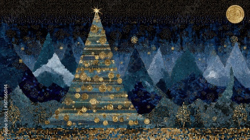 Golden mosaic Christmas tree - byzantine-style tile xmas  holiday masterpiece