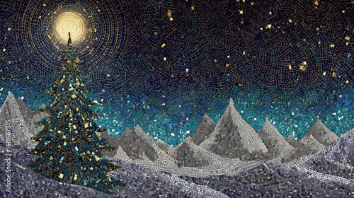 Golden mosaic Christmas tree - byzantine-style tile xmas  holiday masterpiece