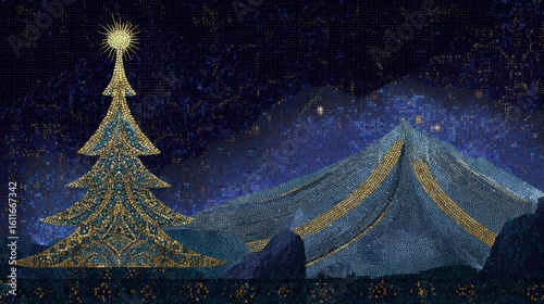Golden mosaic Christmas tree - byzantine-style tile xmas  holiday masterpiece