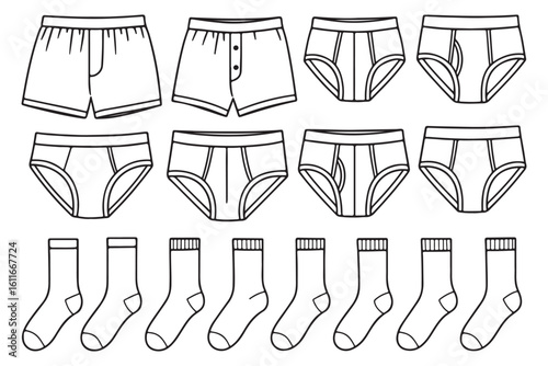sketches of mens underwear, including boxers, briefs, and socks, ideal for apparel and fashion graphics.