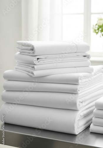 Neatly stacked fresh white sheets after laundry day