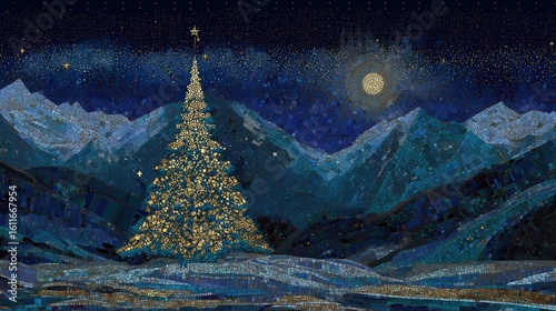 Golden mosaic Christmas tree - byzantine-style tile xmas  holiday masterpiece