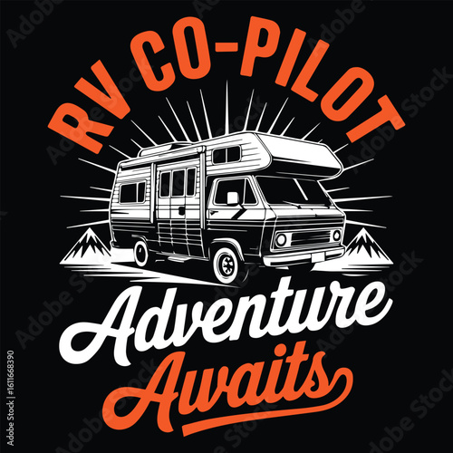 RV Co-Pilot Adventure Awaits graphic design for adventure lovers