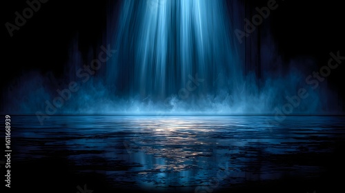 Dark, moody scene with blue light beams and fog.