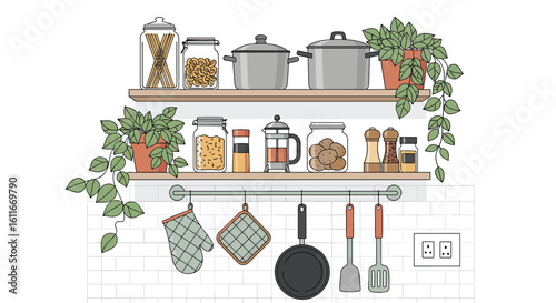 Cozy kitchen essentials organized on shelves with hanging utensils and green plants providing a warm and inviting atmosphere