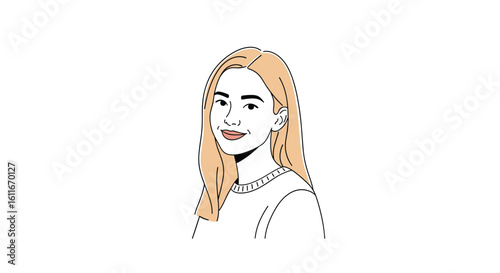 A stylized drawing of a young woman with long blonde hair and subtle makeup captures a friendly and approachable expression