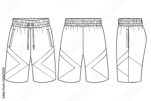 Trendy athletic shorts with diagonal design, breathable fabric, casual wear with side pocket, back and front views.