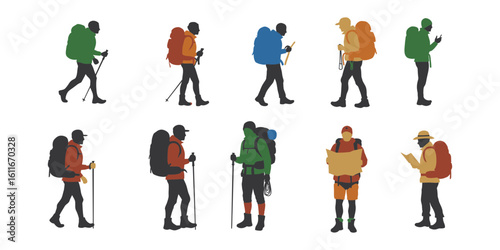 Vibrant collection of diverse hikers exploring outdoors with backpacks and trekking poles, capturing adventure and active lifestyle moments generative ai.