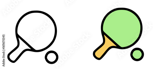 Two table tennis icons, one outlined and one colored, showing a paddle and a ball.