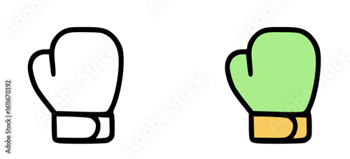 Pair of boxing gloves, one black and white, the other light green.