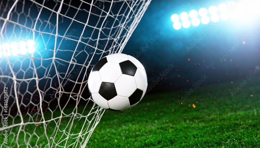 Naklejka premium Soccer ball flying into goal net