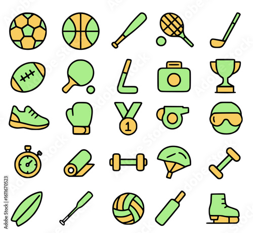 Collection of colorful sports equipment icons, representing various athletic activities.