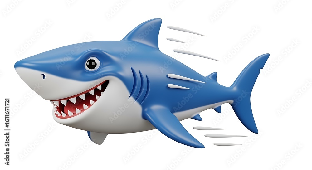 Obraz premium Cartoon Blue Shark Swimming Fast Isolated on White Background