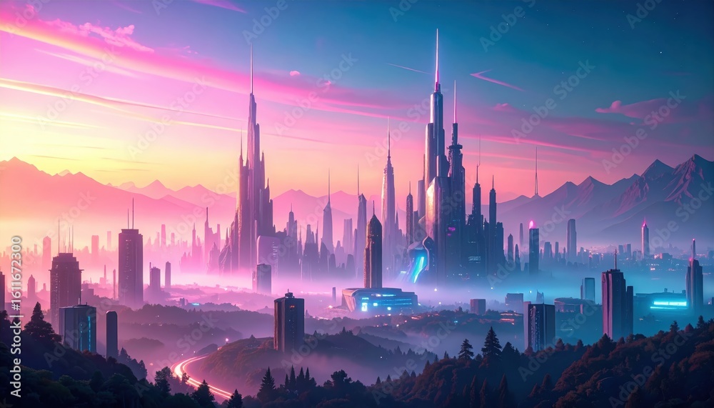 Obraz premium Futuristic Cityscape with Towering Structures and Pink Hues at Sunset