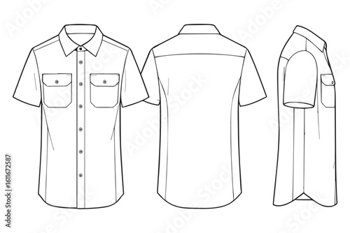 Mens button down shirt with front pockets, short sleeve, minimalist design, vector sketch illustration
