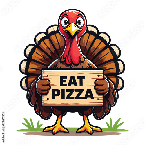 Humorous Turkey Cartoon Promoting Pizza Consumption on a White Background with Grass Patches