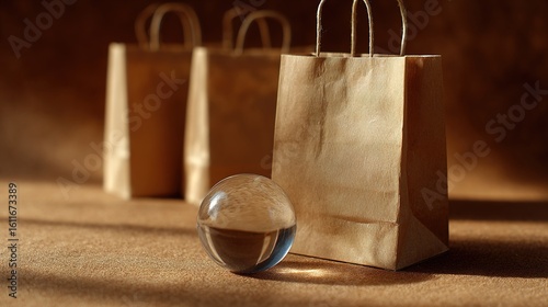 Glass Sphere and Paper Bags on a Textured Brown Surface