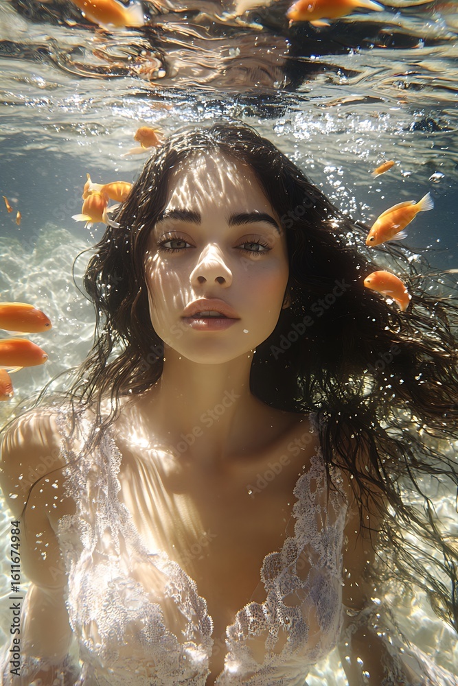 Fototapeta premium Underwater Woman with Fish. (1)