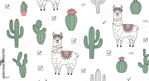 Cute llama and cactus seamless pattern on a white background fun adorable animal and desert plant design for kids and nursery decor