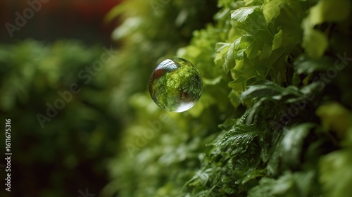 Crystal Clear Bubble Reflecting Lush Green Leaves in Nature Scene