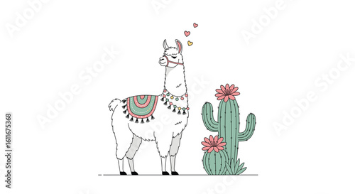 Charming hand drawn llama and cactus illustration with delicate floral accents and subtle patterns