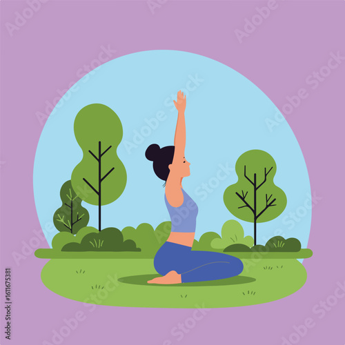 A woman is sitting in a yoga pose in a grassy area with trees against a backdrop of light blue and lilac, vector style.