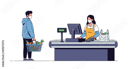 Customer wearing face mask buys groceries at checkout counter with cashier in store