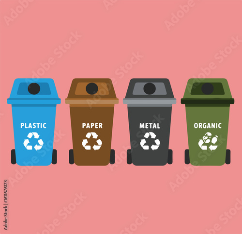 Four recycling bins for plastic, paper, metal, and organic waste stand in a row on a peach-colored background.