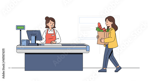 Customer pays for groceries at the checkout counter with a friendly cashier