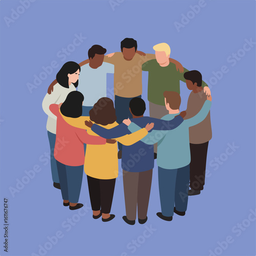 An illustration portrays nine diverse individuals in a circle, arms around each other, against a solid light purple backdrop.