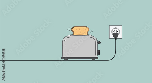 A kitchen appliance a metal toaster with bread popped up is plugged into a wall socket on a pale blue background