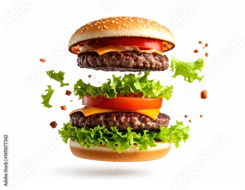 Juicy double cheeseburger with fresh lettuce and tomato slices on a sesame seed bun with melted cheese and beef patties isolated on white background