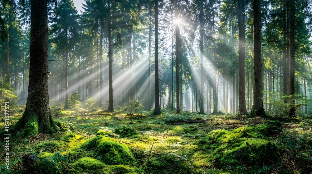 Obraz premium Sunlight streams through a misty forest.