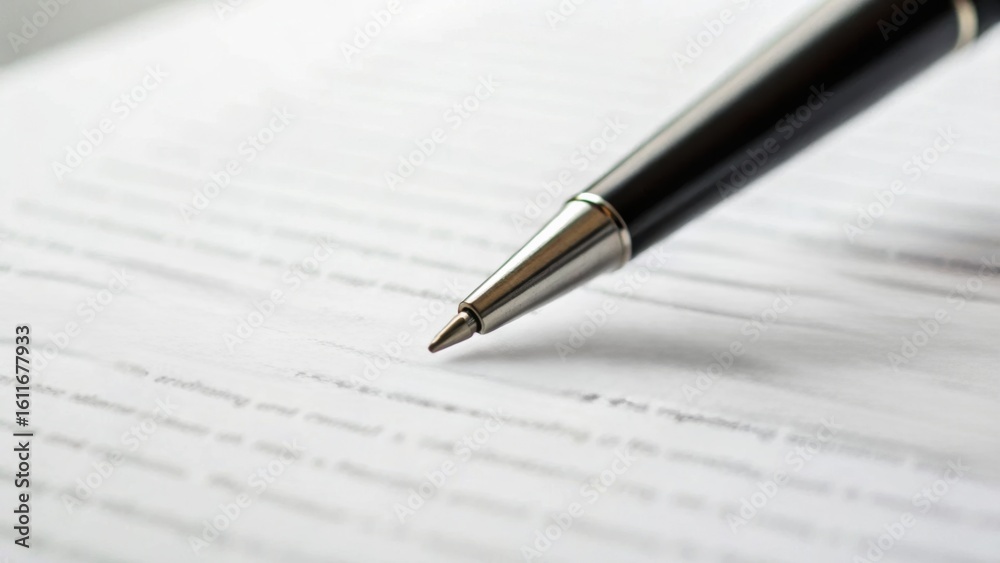 A close-up of a silver pen resting on blank, printed paper, suggesting themes of writing, documentation, or business communication. A close-up of a silver pen resting on blank, printed paper, suggesting themes of writing, documentation, or business communication.
