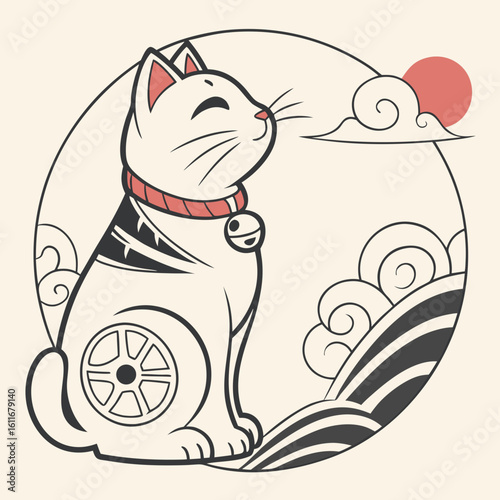 Vector illustration of a lucky Japanese cat (Maneki-neko) sitting gracefully with clouds and sunshine, symbolizing prosperity