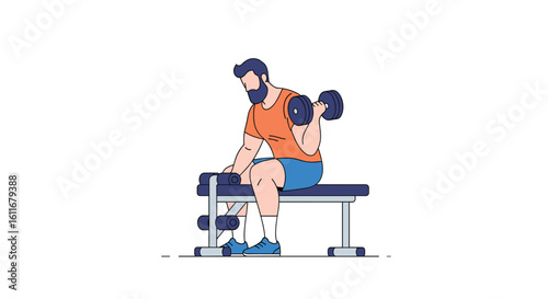 Man sitting on a weight bench performing dumbbell bicep curls for arm muscle development and strength training
