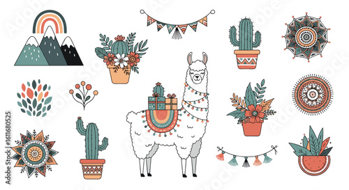 Charming boho style llamas and desert cacti with floral accents and mountain rainbows for festive decorations