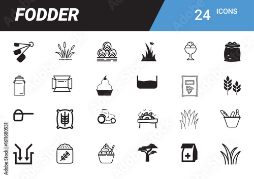 Fodder Icon Collection: A comprehensive and easily understandable illustration of fodder-related icons, including hay bales, containers, and agricultural elements, Ideal for any design project.