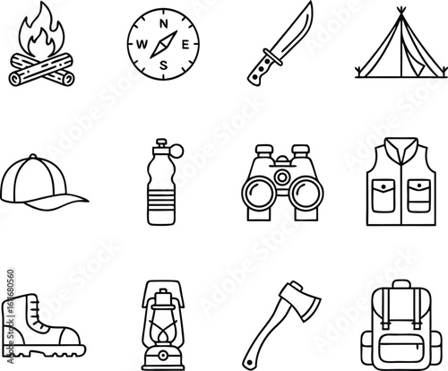 Simple line art illustration of camping and outdoor adventure elements and equipment